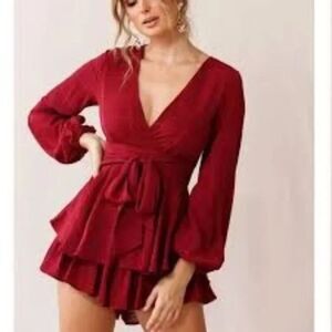 Saint + Secrets Wine Adele Playsuit Balloon Sleeve Ruffle Women’s Romper Size L